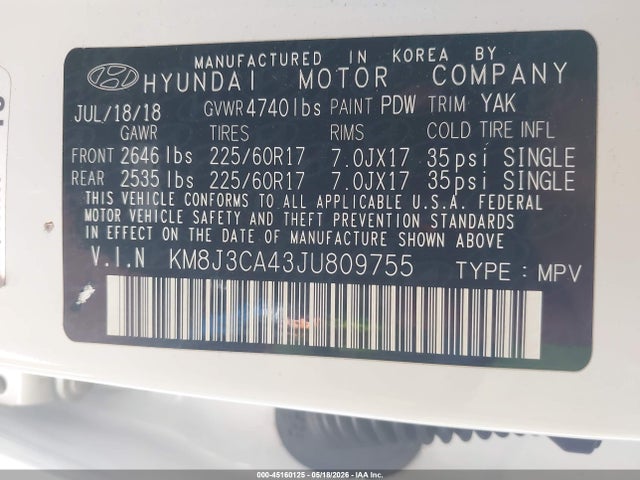 2018 Hyundai Tucson Sel Plus მანქანა იყიდება აუქციონზე, vin: KM8J3CA43JU809755, აუქციონის ნომერი: 45160125