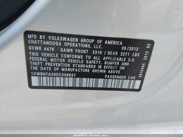 Продажа на аукционе авто 2013 Volkswagen Passat 2.5l Se, vin: 1VWBH7A39DC038637, номер лота: 45160136