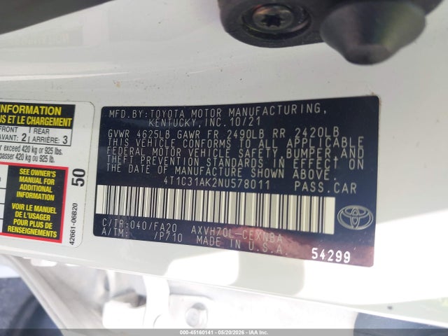 2022 Toyota Camry Le Hybrid მანქანა იყიდება აუქციონზე, vin: 4T1C31AK2NU578011, აუქციონის ნომერი: 45160141