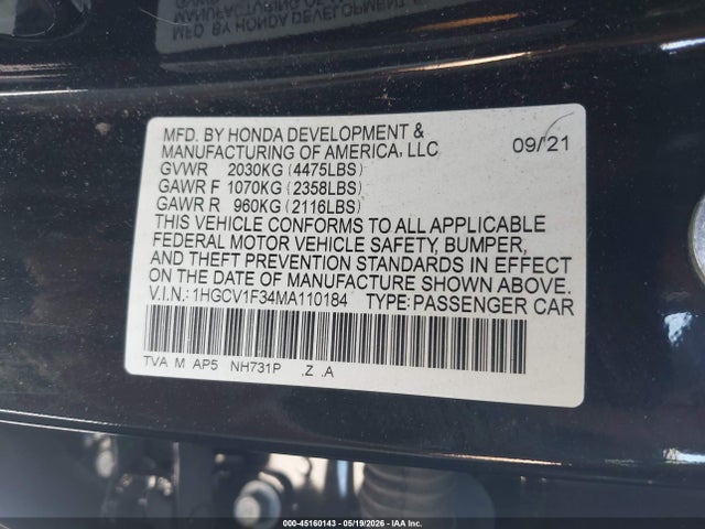 Aukcja sprzedaży 2021 Honda Accord Sport, vin: 1HGCV1F34MA110184, numer aukcji: 45160143