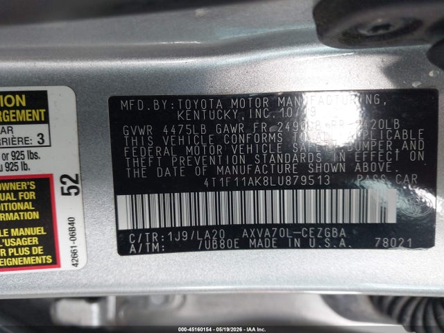 Aukcja sprzedaży 2020 Toyota Camry Xle, vin: 4T1F11AK8LU879513, numer aukcji: 45160154