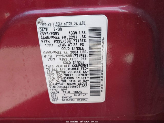 2009 Nissan Rogue Sl მანქანა იყიდება აუქციონზე, vin: JN8AS58T49W061036, აუქციონის ნომერი: 45160159