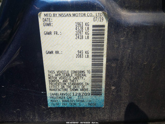 45160167 :رقم المزاد ، 1N4BL4BV5LC128209 vin ، 2020 Nissan Altima S Fwd مزاد بيع