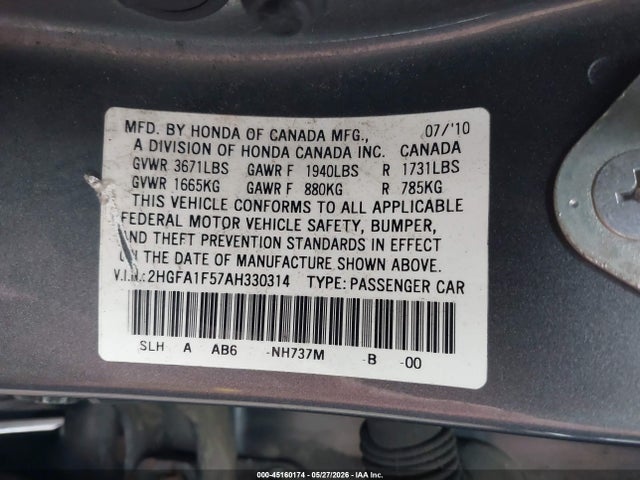 Auction sale of the 2010 Honda Civic Lx, vin: 2HGFA1F57AH330314, lot number: 45160174