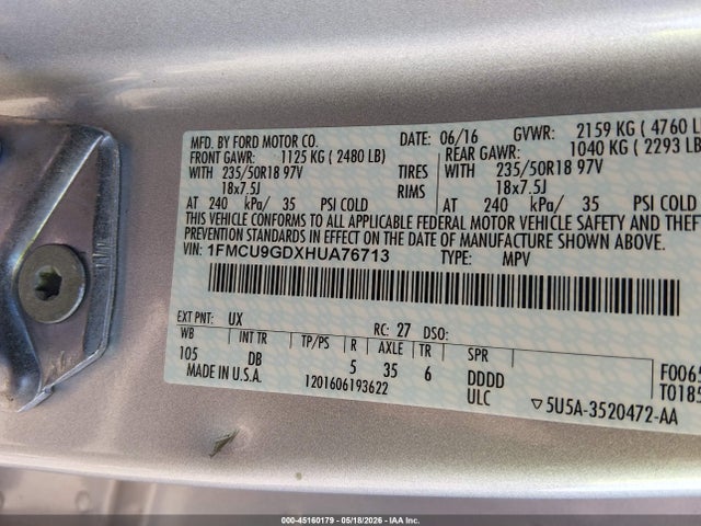1FMCU9GDXHUA76713 Ford ESCAPE SE