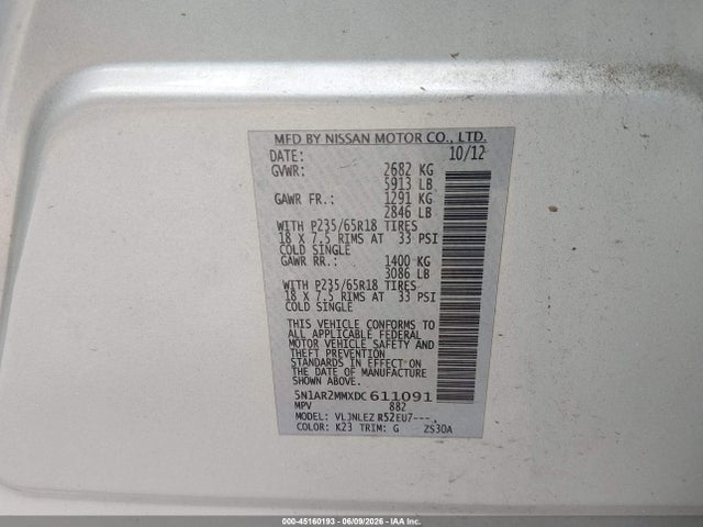 Aukcja sprzedaży 2013 Nissan Pathfinder Sv, vin: 5N1AR2MMXDC611091, numer aukcji: 45160193