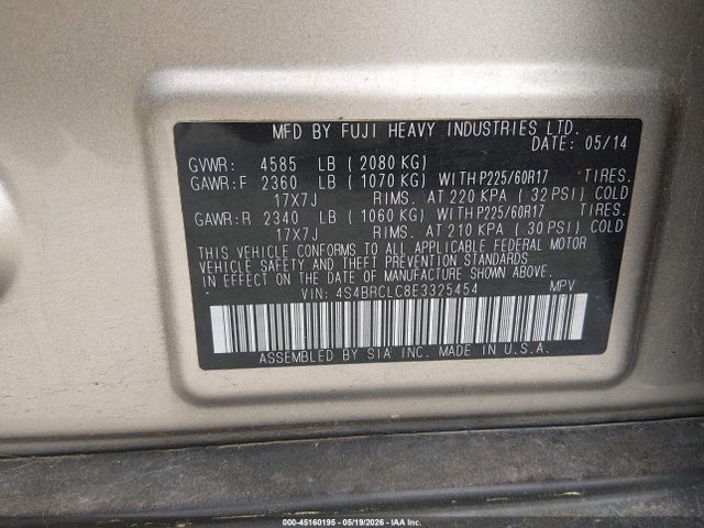 Продажа на аукционе авто 2014 Subaru Outback 2.5i Limited, vin: 4S4BRCLC8E3325454, номер лота: 45160195