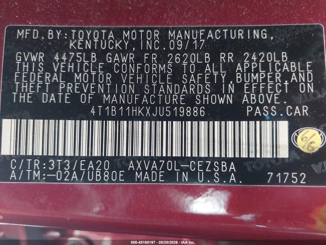 45160197 :رقم المزاد ، 4T1B11HKXJU519886 vin ، 2018 Toyota Camry Se مزاد بيع