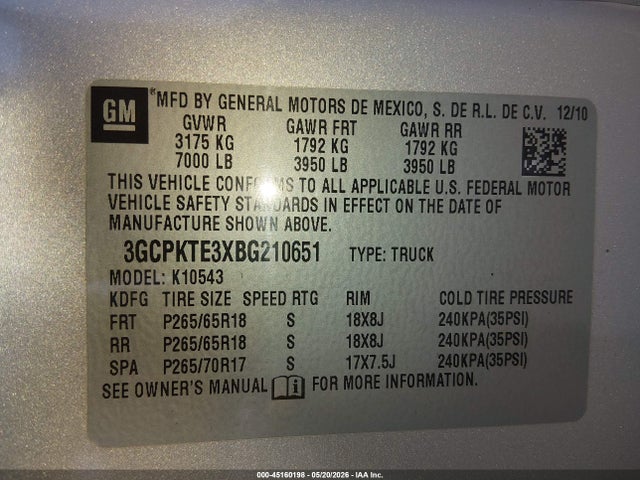 Продажа на аукционе авто 2011 Chevrolet Silverado 1500 Ltz, vin: 3GCPKTE3XBG210651, номер лота: 45160198