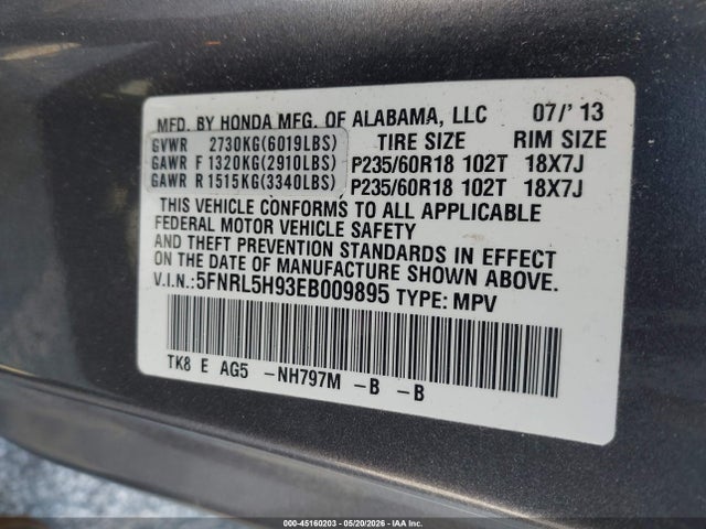 Aukcja sprzedaży 2014 Honda Odyssey Touring/touring Elite, vin: 5FNRL5H93EB009895, numer aukcji: 45160203