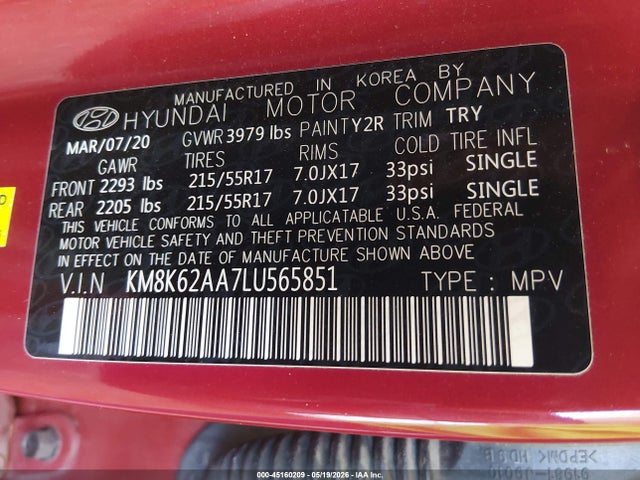 Продаж на аукціоні авто 2020 Hyundai Kona Sel Plus, vin: KM8K62AA7LU565851, номер лоту: 45160209