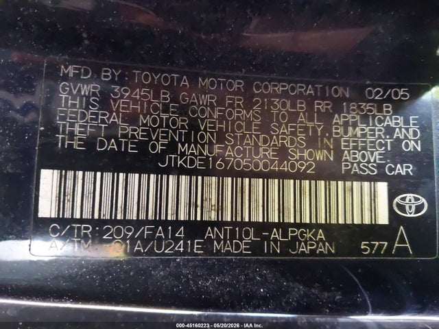 Продажа на аукционе авто 2005 Scion Tc, vin: JTKDE167050044092, номер лота: 45160223