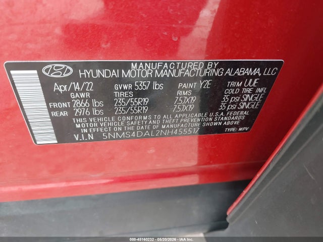 45160232 :رقم المزاد ، 5NMS4DAL2NH455517 vin ، 2022 Hyundai Santa Fe Limited مزاد بيع