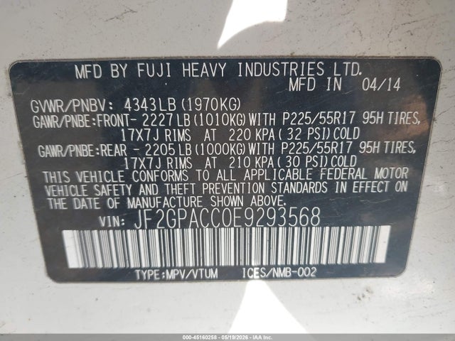 45160258 :رقم المزاد ، JF2GPACC0E9293568 vin ، 2014 Subaru Xv Crosstrek 2.0i Premium مزاد بيع