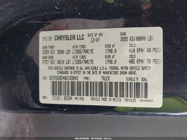 Продаж на аукціоні авто 2008 Dodge Ram 2500 Laramie, vin: 3D7KS28D48G183843, номер лоту: 45160265