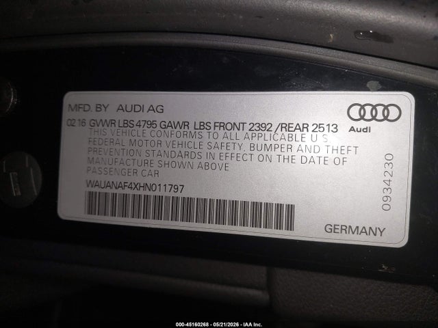 2017 Audi A4 2.0t Premium მანქანა იყიდება აუქციონზე, vin: WAUANAF4XHN011797, აუქციონის ნომერი: 45160268
