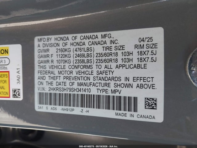 2HKRS3H79SH341410 Honda Cr-v Ex-l 2wd