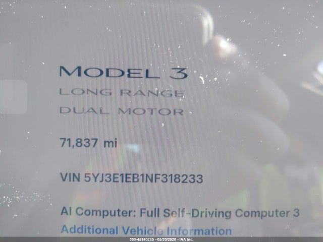Продаж на аукціоні авто 2022 Tesla Model 3 Long Range Dual Motor All-wheel Drive, vin: 5YJ3E1EB1NF318233, номер лоту: 45160285