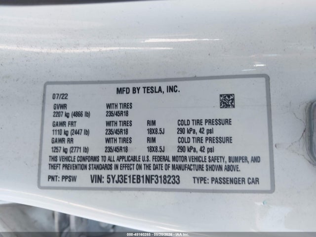 Продаж на аукціоні авто 2022 Tesla Model 3 Long Range Dual Motor All-wheel Drive, vin: 5YJ3E1EB1NF318233, номер лоту: 45160285