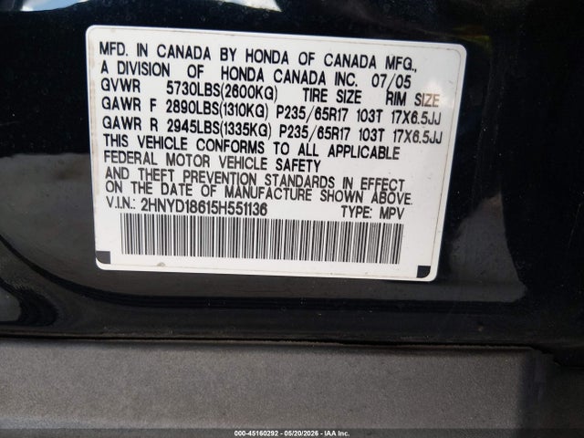 45160292 :رقم المزاد ، 2HNYD18615H551136 vin ، 2005 Acura Mdx مزاد بيع