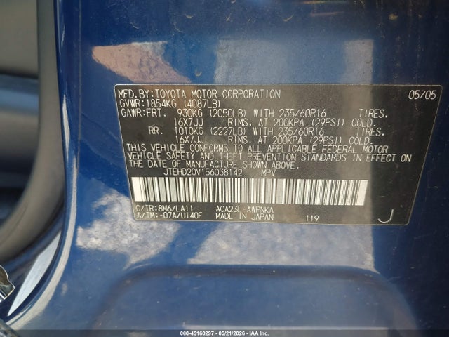 Aukcja sprzedaży 2005 Toyota Rav4, vin: JTEHD20V156038142, numer aukcji: 45160297