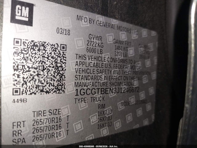 Продаж на аукціоні авто 2018 Chevrolet Colorado Wt, vin: 1GCGTBEN3J1246672, номер лоту: 45160300