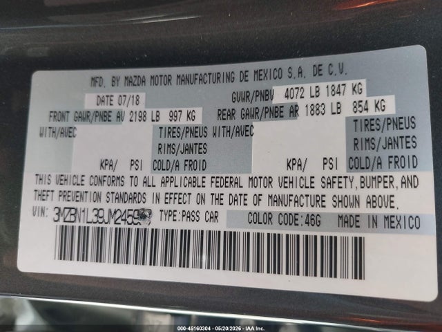 3MZBN1L39JM245963 Mazda Mazda3 Touring