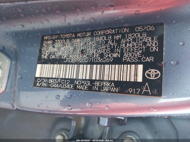 45160307 :رقم المزاد ، JTDBT923271036269 vin ، 2007 Toyota Yaris مزاد بيع