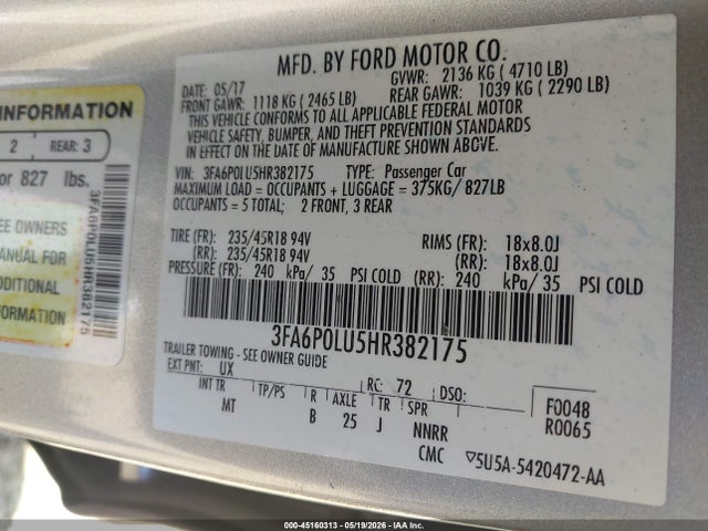 Продажа на аукционе авто 2017 Ford Fusion Hybrid Se, vin: 3FA6P0LU5HR382175, номер лота: 45160313