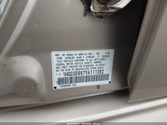 45160316 :رقم المزاد ، 1HGCG5667YA111282 vin ، 2000 Honda Accord 2.3 Ex مزاد بيع