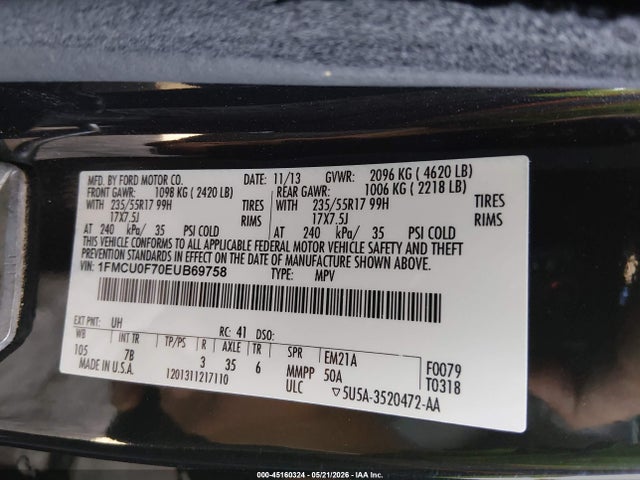 45160324 :رقم المزاد ، 1FMCU0F70EUB69758 vin ، 2014 Ford Escape S مزاد بيع