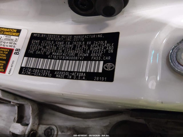 45160341 :رقم المزاد ، 4T1B21FB3KU008747 vin ، 2019 Toyota Avalon Hybrid Xse مزاد بيع