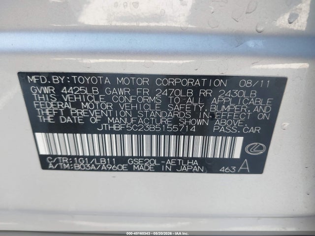 Aukcja sprzedaży 2011 Lexus Is 250, vin: JTHBF5C23B5155714, numer aukcji: 45160343