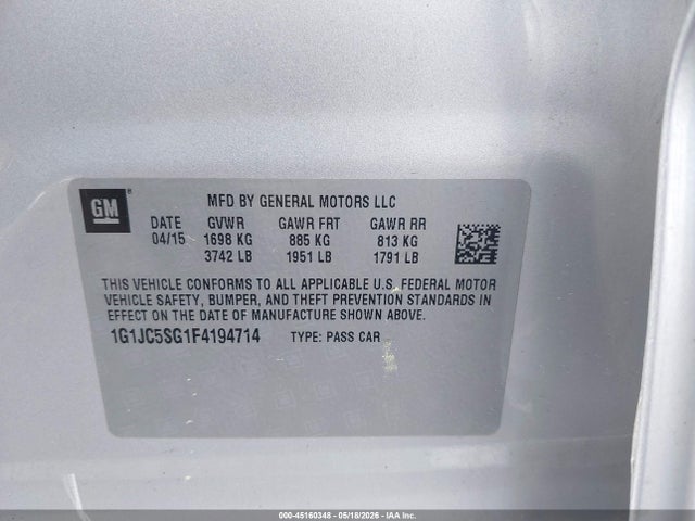 Aukcja sprzedaży 2015 Chevrolet Sonic Lt Auto, vin: 1G1JC5SG1F4194714, numer aukcji: 45160348