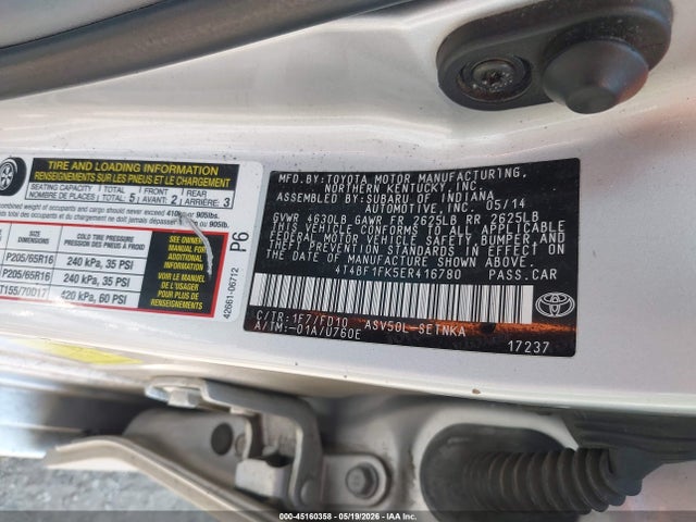 45160358 :رقم المزاد ، 4T4BF1FK5ER416780 vin ، 2014 Toyota Camry Le مزاد بيع