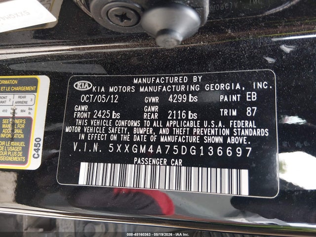 Продажа на аукционе авто 2013 Kia Optima Lx, vin: 5XXGM4A75DG136697, номер лота: 45160363