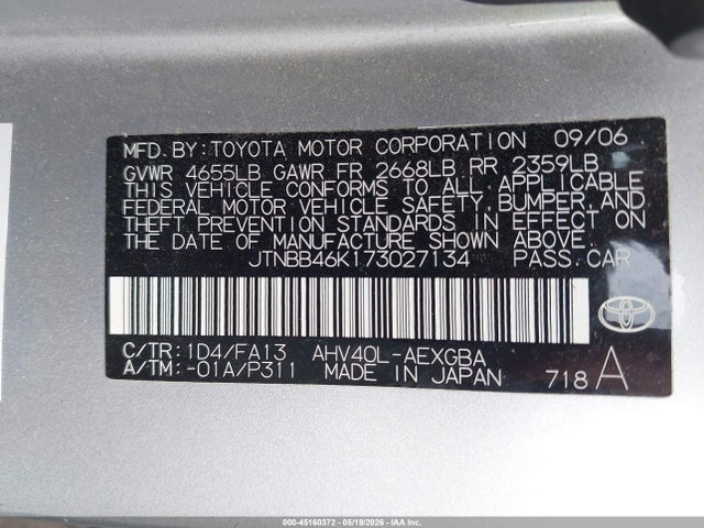 2007 Toyota Camry Hybrid მანქანა იყიდება აუქციონზე, vin: JTNBB46K173027134, აუქციონის ნომერი: 45160372