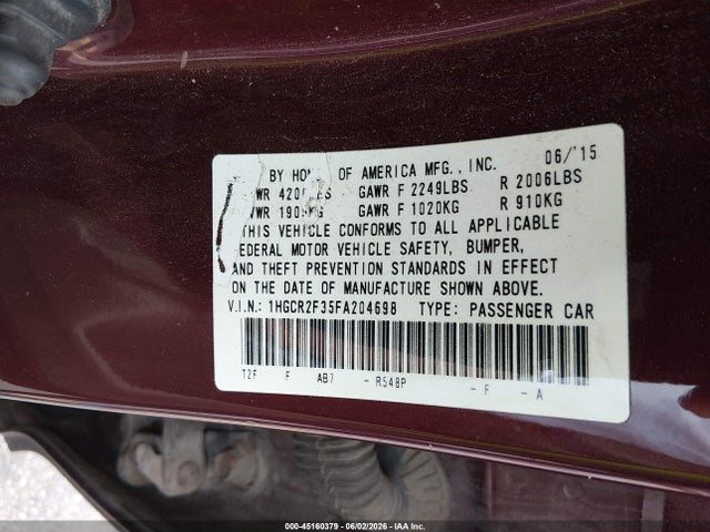 Aukcja sprzedaży 2015 Honda Accord Lx, vin: 1HGCR2F35FA204698, numer aukcji: 45160379