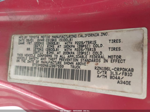 Auction sale of the 2001 Toyota Tacoma Prerunner, vin: 5TESM92N81Z867559, lot number: 45160381