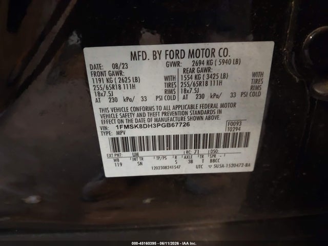 45160395 :رقم المزاد ، 1FMSK8DH3PGB67726 vin ، 2023 Ford Explorer Xlt مزاد بيع