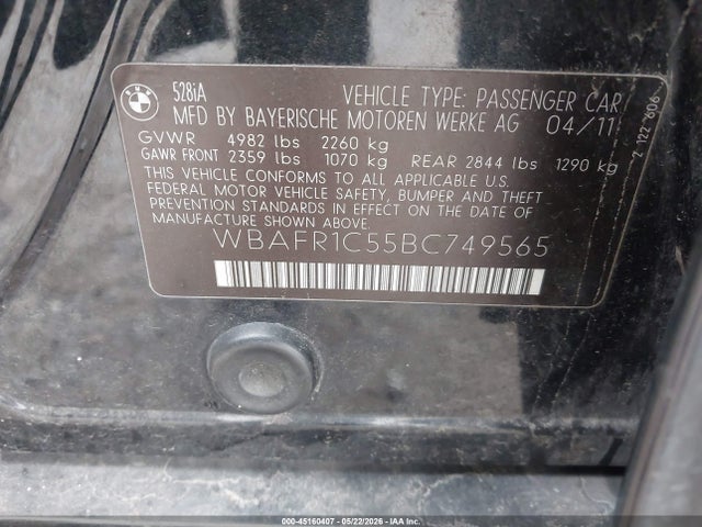 Продажа на аукционе авто 2011 Bmw 528i, vin: WBAFR1C55BC749565, номер лота: 45160407