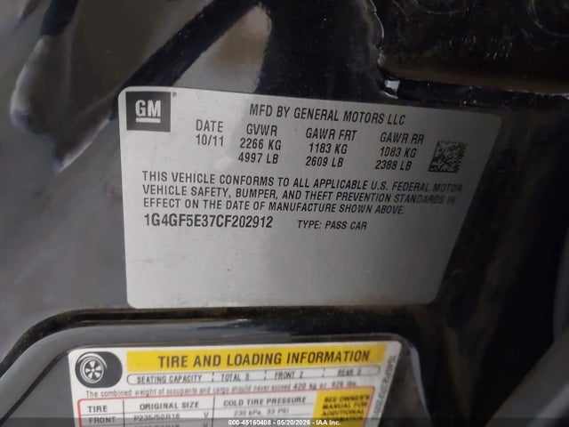 2012 Buick Lacrosse Premium 2 Group მანქანა იყიდება აუქციონზე, vin: 1G4GF5E37CF202912, აუქციონის ნომერი: 45160408