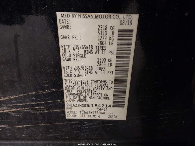Aukcja sprzedaży 2018 Nissan Murano Sl, vin: 5N1AZ2MG8JN184214, numer aukcji: 45160420