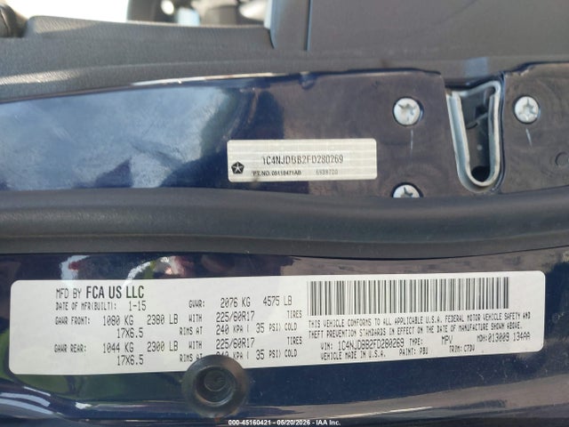 45160421 :رقم المزاد ، 1C4NJDBB2FD280269 vin ، 2015 Jeep Compass Sport مزاد بيع