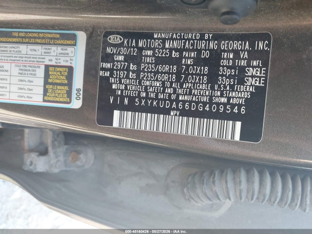 Продажа на аукционе авто 2013 Kia Sorento Ex, vin: 5XYKUDA66DG409546, номер лота: 45160426