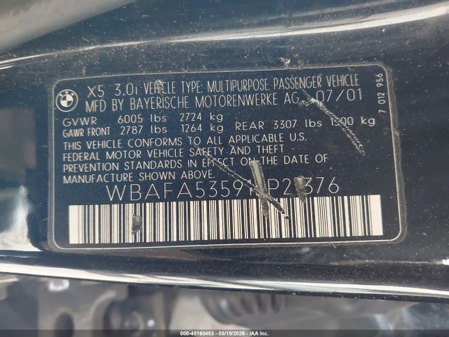 2001 Bmw X5 3.0 მანქანა იყიდება აუქციონზე, vin: WBAFA53591LP21376, აუქციონის ნომერი: 45160453