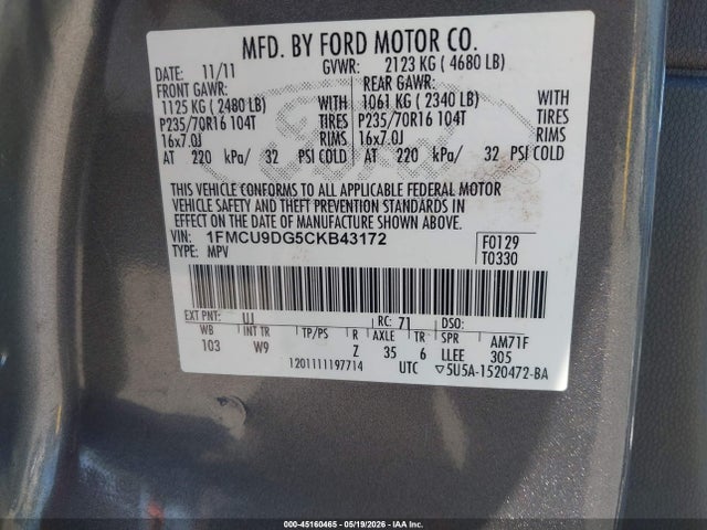 Aukcja sprzedaży 2012 Ford Escape Xlt, vin: 1FMCU9DG5CKB43172, numer aukcji: 45160465