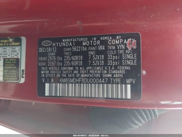 Продаж на аукціоні авто 2013 Hyundai Santa Fe Gls, vin: KM8SMDHF8DU000447, номер лоту: 45160473
