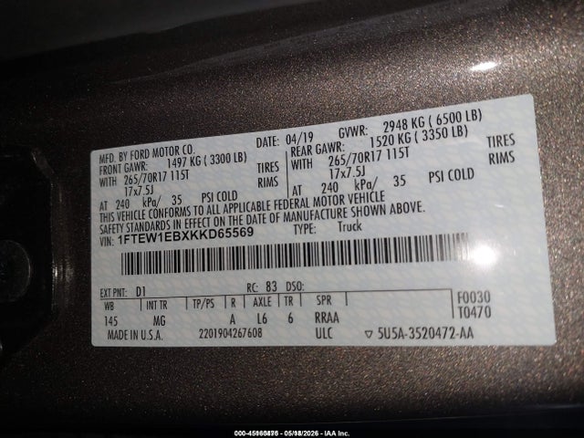 45160475 :رقم المزاد ، 1FTEW1EBXKKD65569 vin ، 2019 Ford F-150 Xlt مزاد بيع