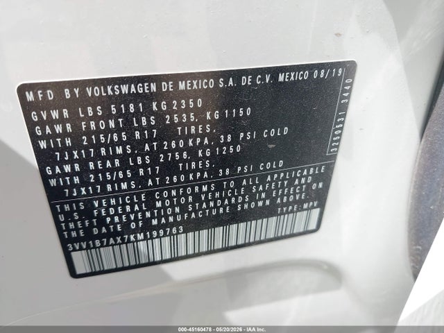 3VV1B7AX7KM199763 Volkswagen Tiguan 2.0t S